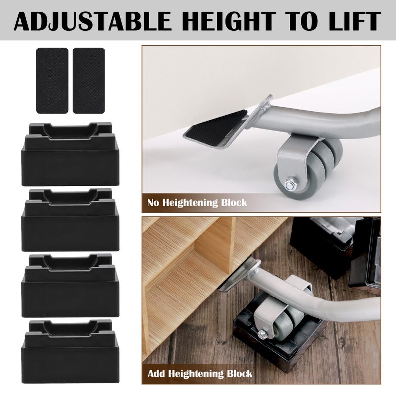VIOBEPASS Furniture Lifter Tool, Appliance Furniture Metal Lifters for Heavy Furniture Movers Sliders Wheels Easily Safe to Move Sofa Refrigerator Washing Machine (1 Lifter Tool 4 Raise Blocks) Grey - Image 2