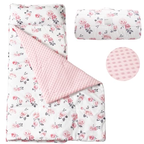 PHF Toddler Nap Mat with Removable Pillow and Minky Blanket Rollup Design Kids Sleeping Mat Slumber Bags for Girls 50x20 Toddler Sleeping Bag for Daycare Preschool Travel Camping Floral - Image 1
