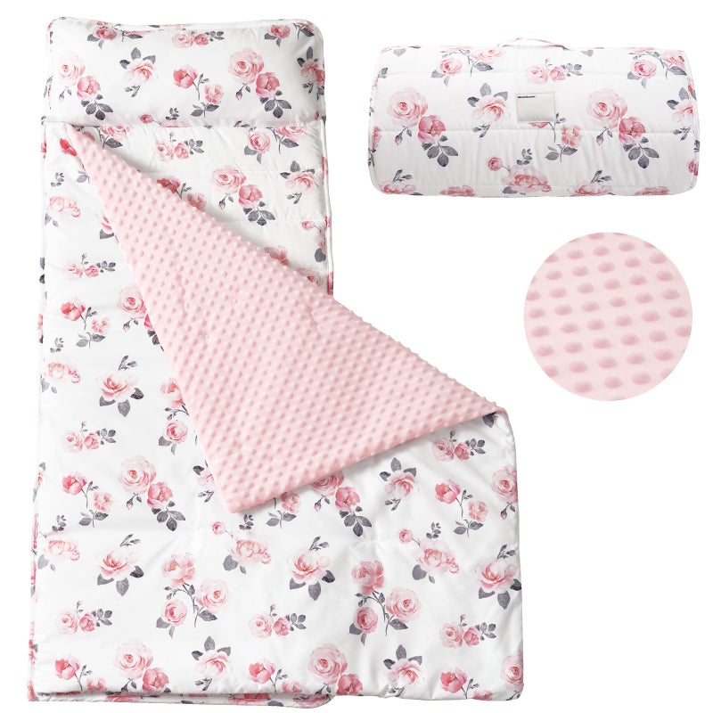 PHF Toddler Nap Mat with Removable Pillow and Minky Blanket Rollup Design Kids Sleeping Mat Slumber Bags for Girls 50x20 Toddler Sleeping Bag for Daycare Preschool Travel Camping Floral - Image 2