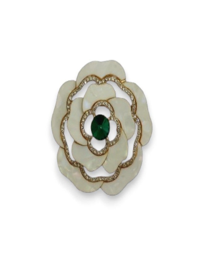ACCESSHER Women's & Girls Gold-Tone Rhinestone White Floral Saree Pin Brooch, Safety Pin For Saree Draping Pallu, Pleats, Dupatta, Hijab Stylish Lapel Brooch for Wedding - Image 1