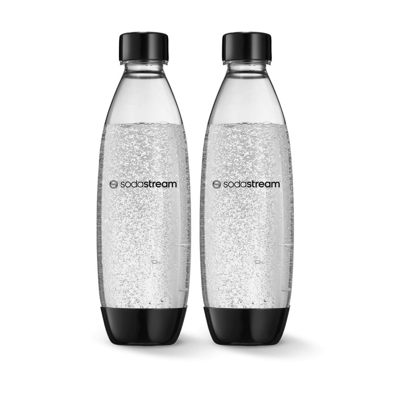 SodaStream زجاجات مياه قابلة لإعادة الاستخدام بسعة 1 لتر من SodaStream، مجموعة من 2، آمنة للغسل في غسالة الصحون، لمصنعي المياه الغازية Spirit Terra Art وSource، لنكهات SodaStream 2x 1 لتر مياه سوداء