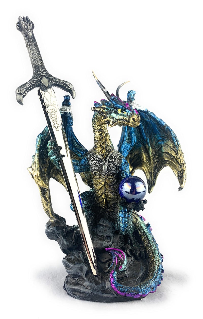 Aint It Nice Dragon Statue with Medieval Dragon Sword and Crystal Ball Collectible Dragon Figurine Fantasy Medieval Dragon Dcor Blue Gold Colored 4L 2W 7H inches