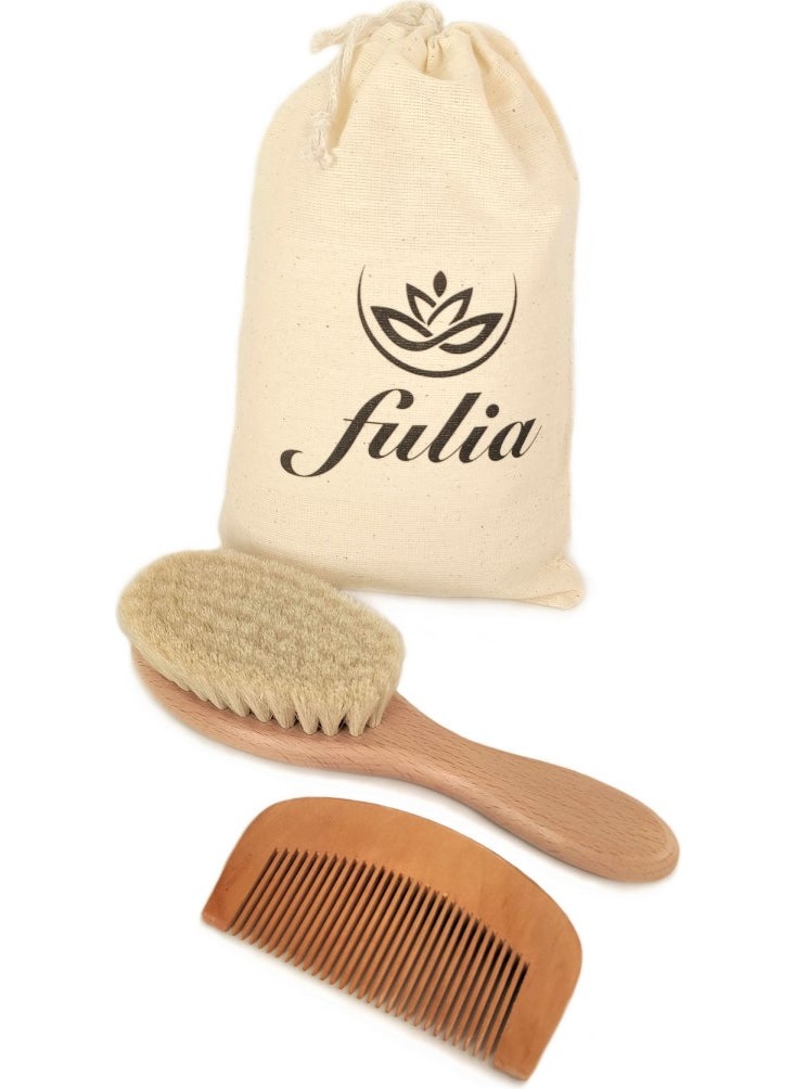 Fulia Natural Goat Hair Baby Hair Brush and Natural Wooden Comb Set of 2  - Image 1