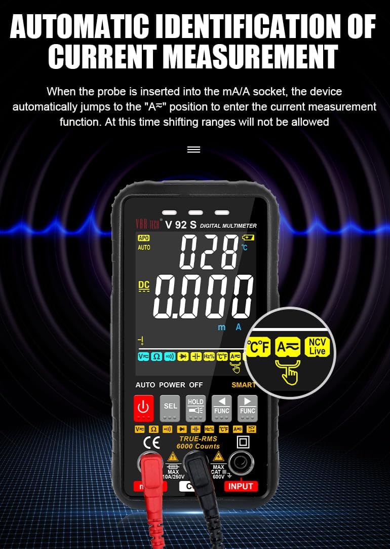VAR TECH V 92 S Smart Digital Multimeter True RMS Fully Auto 6000 Counts HD Display 600 V AC DC 10 A AC DC Resistance Frequency Continuity Capacitance Temperature tests with NCV