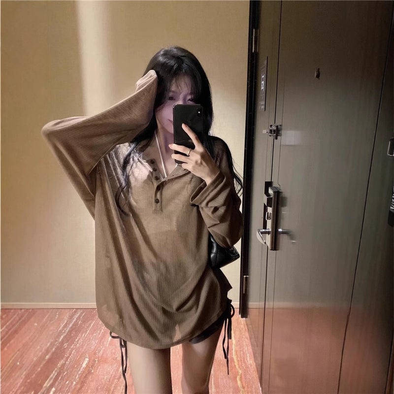 [Original fabric] Summer thin pure wind long sleeve sunscreen T-shirt womens lazy wind loose V-neck blouse top Grey - Image 5