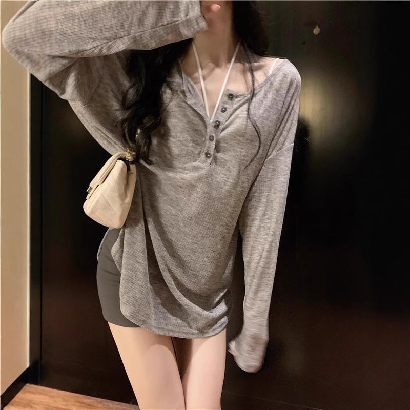 [Original fabric] Summer thin pure wind long sleeve sunscreen T-shirt womens lazy wind loose V-neck blouse top Grey - Image 4