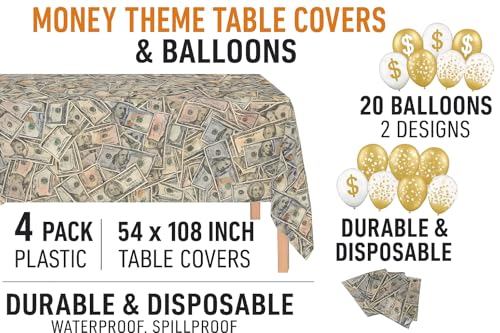 Oojami 4 Pack Dollar Bills Bling Bling Big Bucks Money Theme Table Cover Tablecloth Includes 20 Balloons Ideal for Birthday Decorations Party Supplies - Image 5