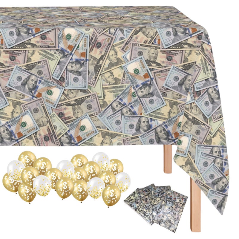 Oojami 4 Pack Dollar Bills Bling Bling Big Bucks Money Theme Table Cover Tablecloth Includes 20 Balloons Ideal for Birthday Decorations Party Supplies - Image 3