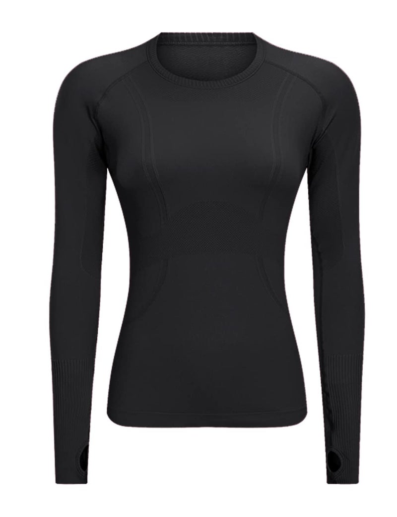 LUYAA Women's Fitted Long Sleeves Workout Top Yoga Sports Running Seamless Gym Athletic Top Black S - Image 2
