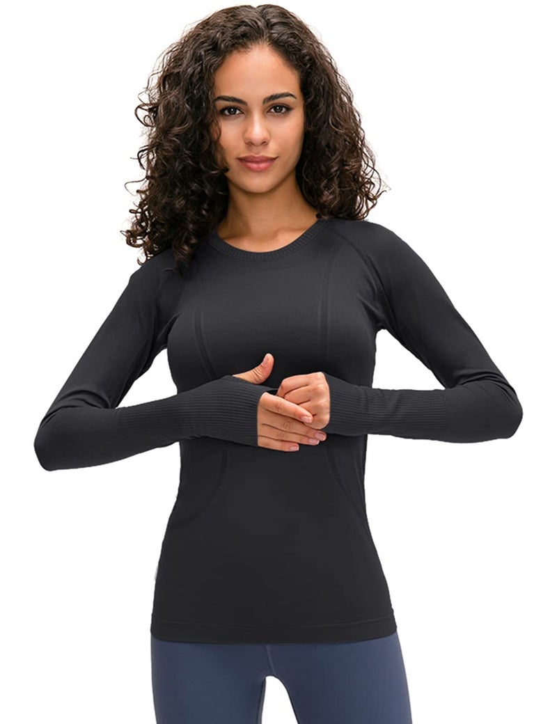 LUYAA Women's Fitted Long Sleeves Workout Top Yoga Sports Running Seamless Gym Athletic Top Black S - Image 1