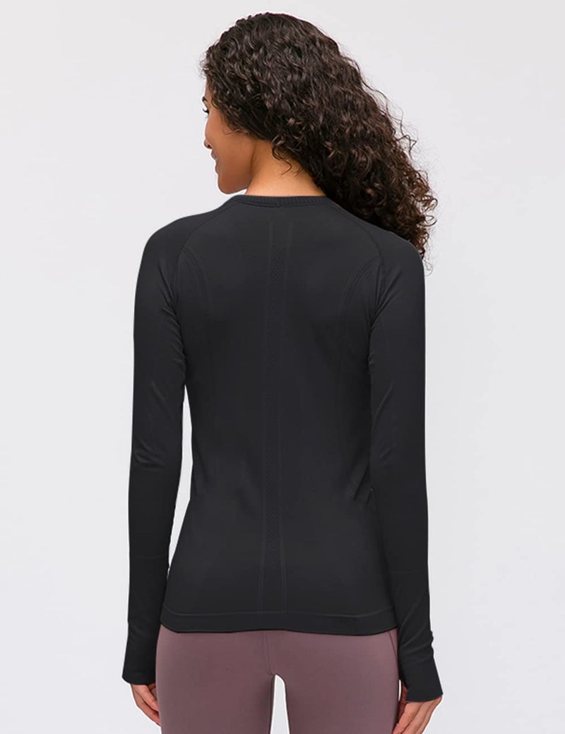 LUYAA Women's Fitted Long Sleeves Workout Top Yoga Sports Running Seamless Gym Athletic Top Black S - Image 5