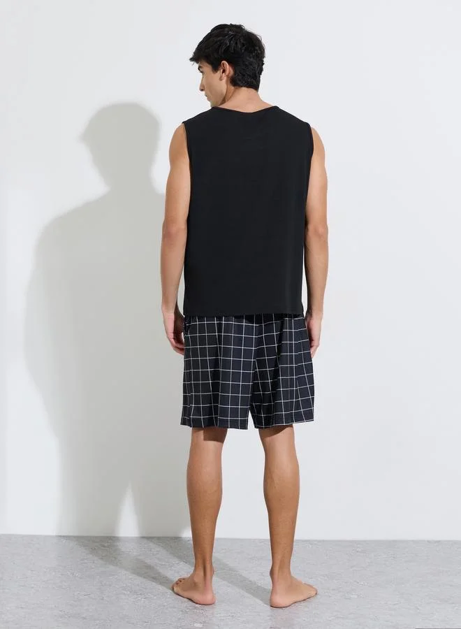 Styli  Black Solid Tank Top and Checked Shorts Pyjama Set for Men | Best Price UAE