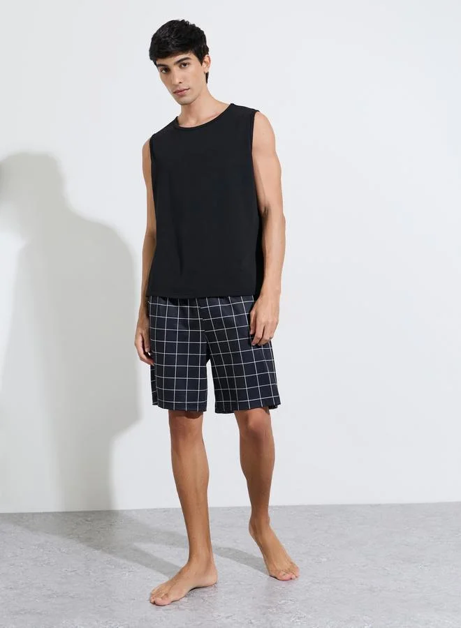 Black Solid Tank Top and Checked Shorts Pyjama Set