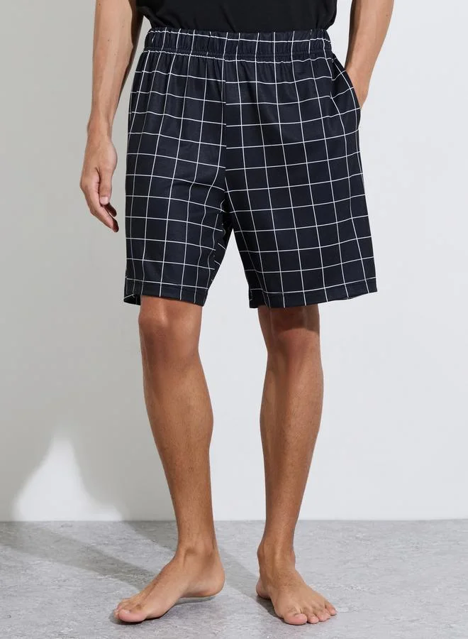Styli  Black Solid Tank Top and Checked Shorts Pyjama Set for Men | Best Price UAE