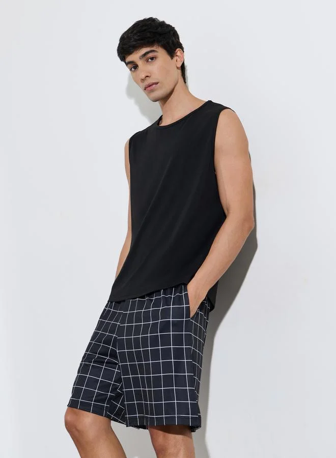 Styli  Black Solid Tank Top and Checked Shorts Pyjama Set for Men | Best Price UAE