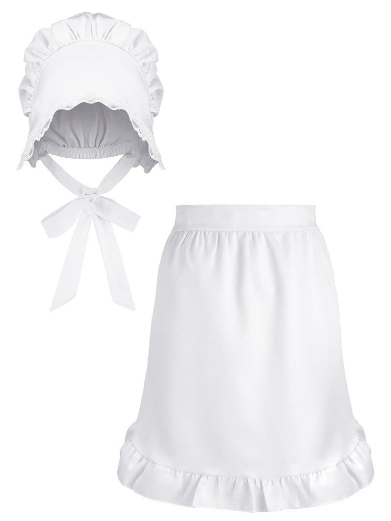 Newcotte 2 Pieces Women Colonial Costume Accessory Set Include White Mob Cap Bonnet Cotton Half Apron for Maid Girl Cosplay (Cute) - Image 1