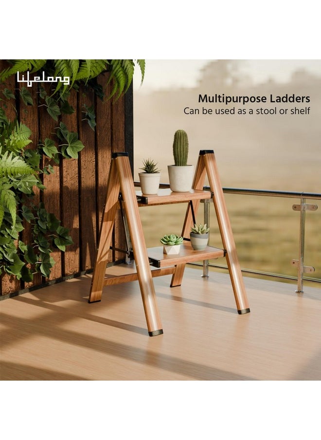 Lifelong Lifelong 2 Steps Ladder for Home, Wooden Finish Coating, Foldable & Portable Stairs, Versatile Use for Kitchen, Bathroom & Office Foot Stool -Multipurpose Two Step Stool with 150 Kg Capacity (LLSLW02)  - Image 2