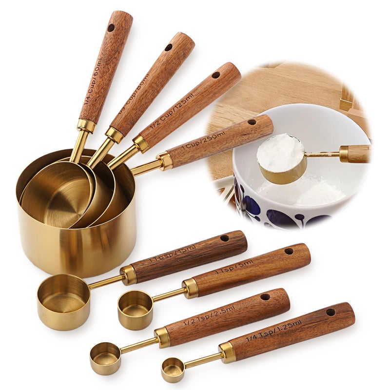 AGIgear Premium Stainless Steel Measuring Cups and Spoons Set with Wood Handle 8Pieces Kitchen Essentials for Baking Cooking Coffee with Ergonomic Grip Engraved Markings Gold8 - Image 2