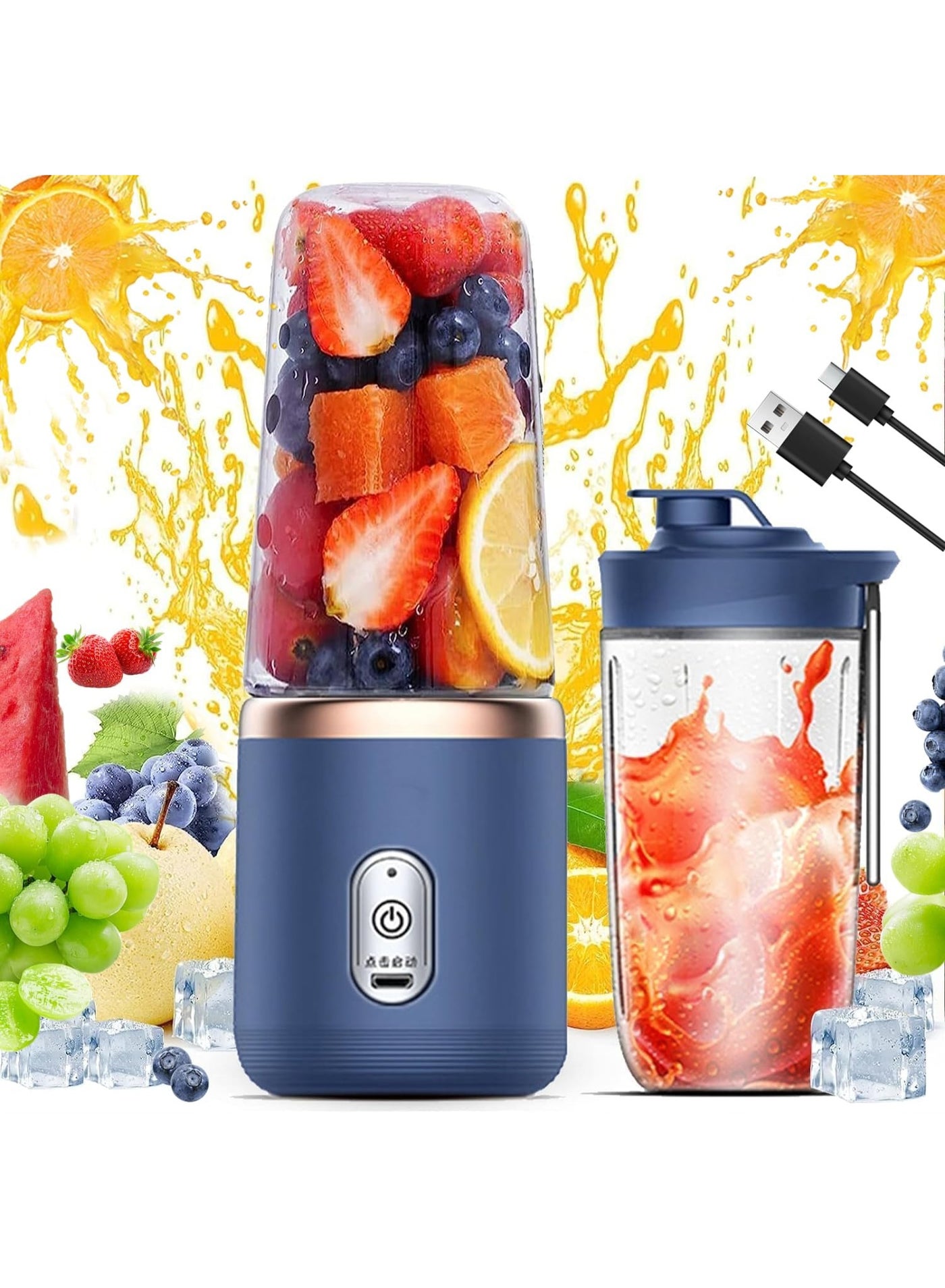 Portable Mixer for Shakes and Smoothies, Fruit Juicer USB Rechargeable with 6 Blades,Dual Cups Handheld Blenders for Sports Travel and Outdoors, Small Electric Mini Blender
