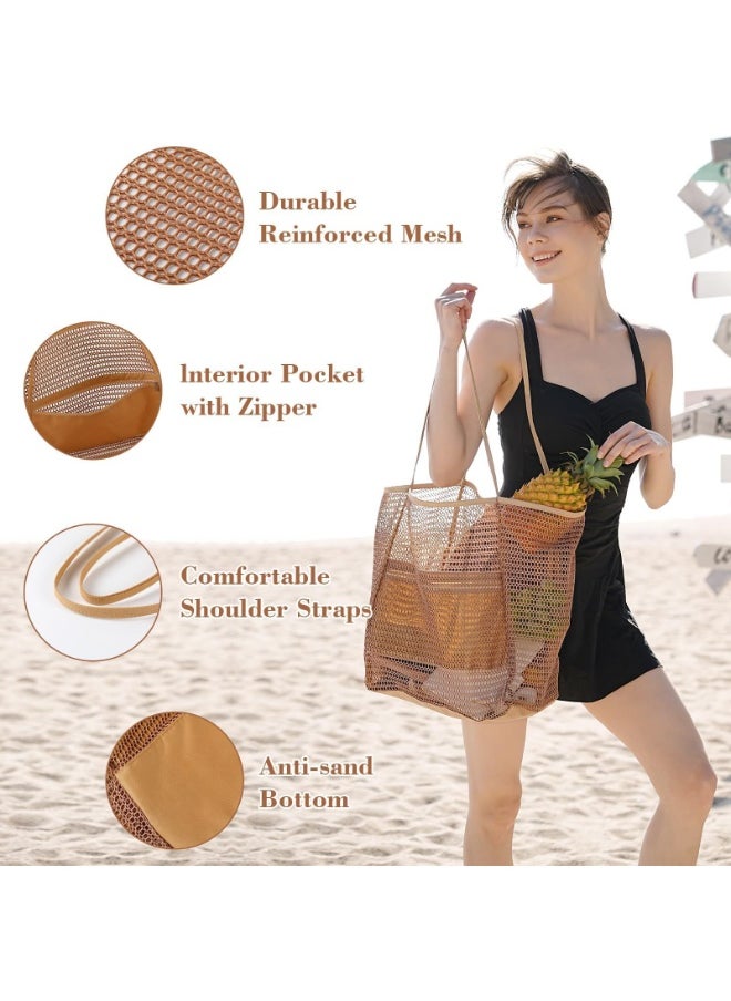 FunMay - Large Mesh Beach Tote Bag with Zipper & 4 Pockets – Waterproof, Foldable Nylon-Polyester Mesh, Compact for Travel & Shopping - Image 1