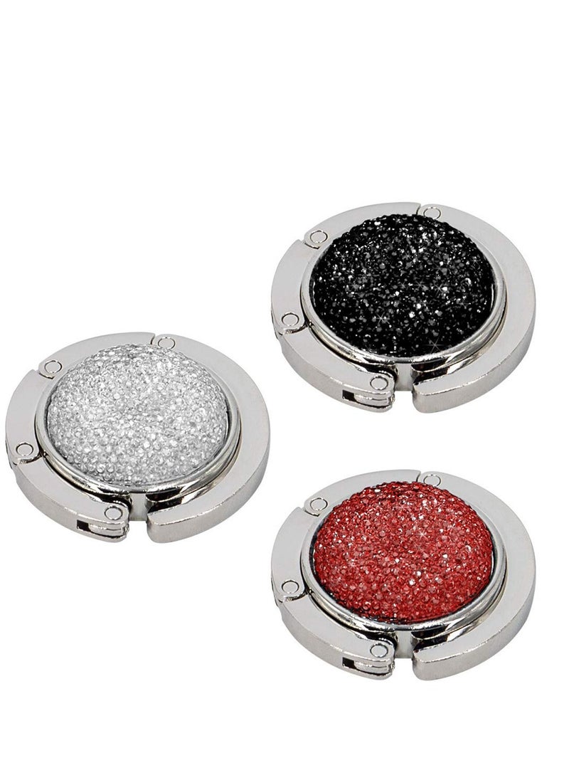 SYOSI Foldable Purse Hook, Floding Handbag Hanger Bling Rhinestone Bag Holder for Table Desk 3PCS Black White Red  - Image 1