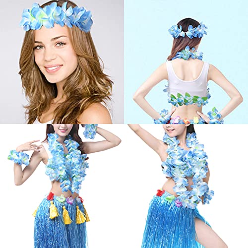 YAXAMING Hawaiian Leis Luau Tropical Headband Flower Crown Wreath Headpiece Wristbands Women Cute Floral Necklace Bracelets Hair Bands for Summer Beach Vacation Pool Party Decorations Favors Supplies Blue - Image 5