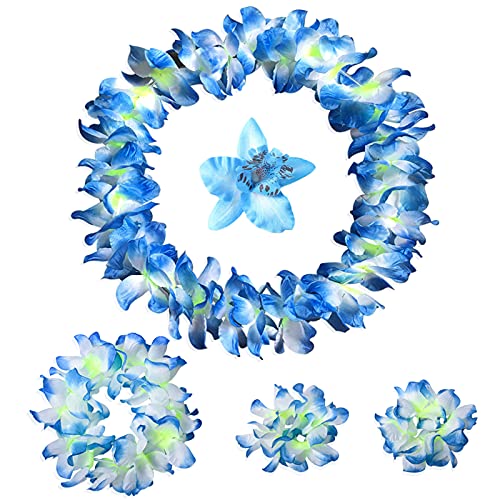YAXAMING Hawaiian Leis Luau Tropical Headband Flower Crown Wreath Headpiece Wristbands Women Cute Floral Necklace Bracelets Hair Bands for Summer Beach Vacation Pool Party Decorations Favors Supplies Blue - Image 1