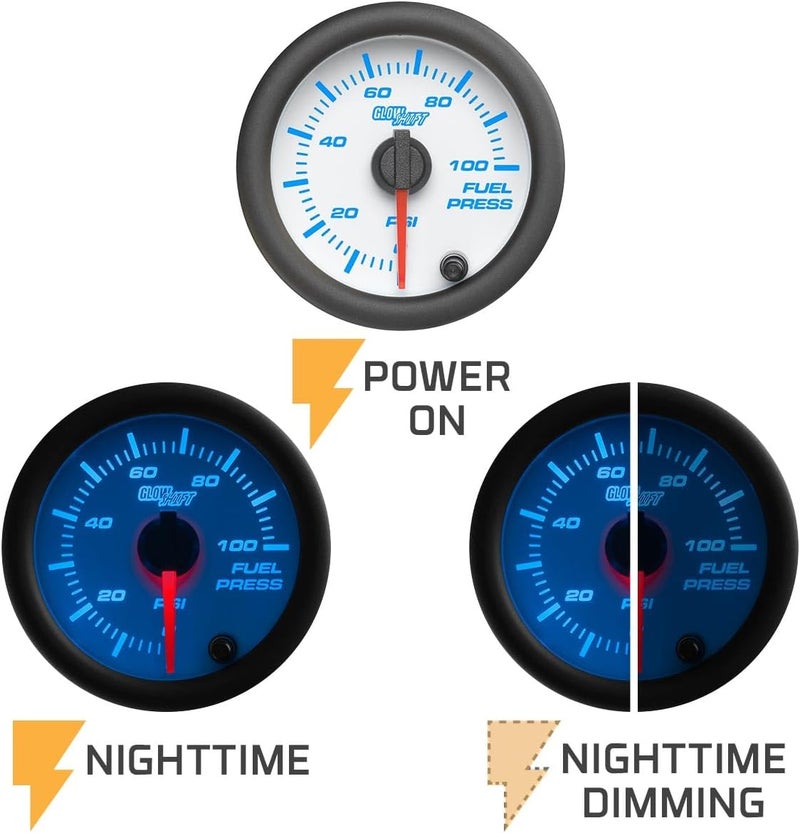 GLOWSHIFT White 7 Color 100 PSI Fuel Pressure Gauge Kit - Includes Electronic Sensor - White Dial - Clear Lens - for Car & Truck - 2-1/16" 52mm - Image 4