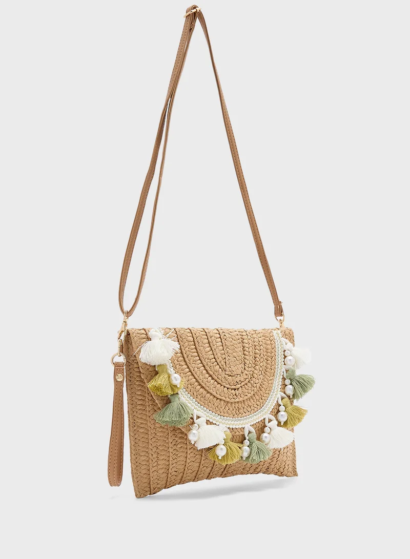 Ginger Raffia Tassel Detail Clutch Bag