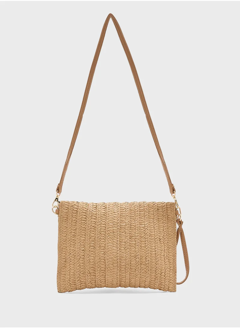 Ginger Raffia Tassel Detail Clutch Bag