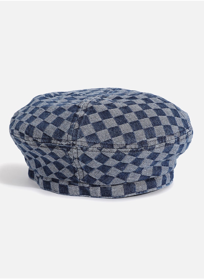 Haute Sauce Blue Denim Check Textured Beret Hat  - Image 3