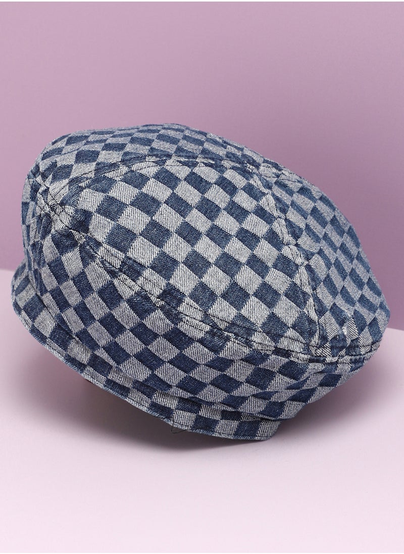 Haute Sauce Blue Denim Check Textured Beret Hat  - Image 1