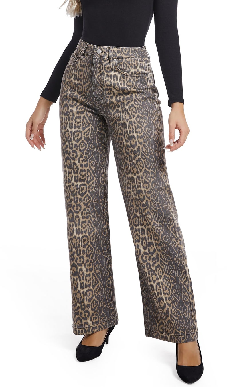 ETTELO Women's Jeans Straight Leg Casual High Waisted Stretch Trendy Leopard Pull On Jeans for Women - Image 1
