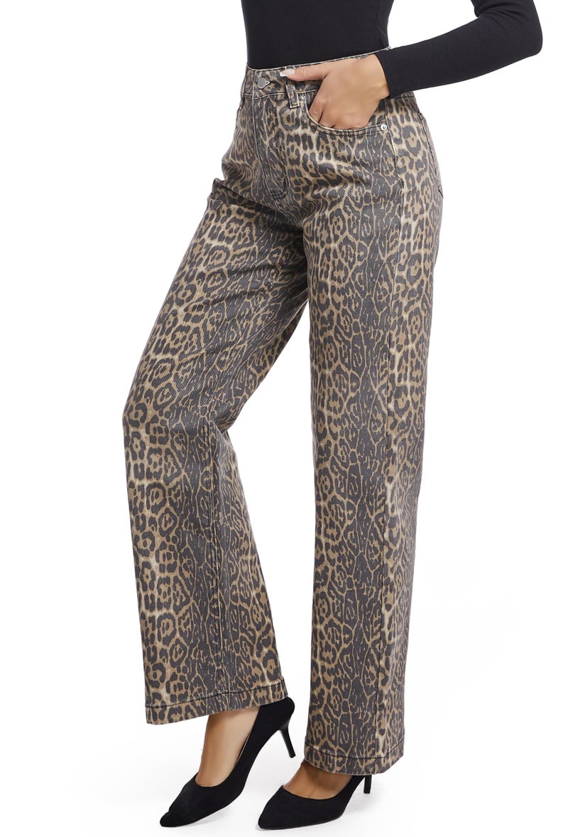 ETTELO Women's Jeans Straight Leg Casual High Waisted Stretch Trendy Leopard Pull On Jeans for Women - Image 2