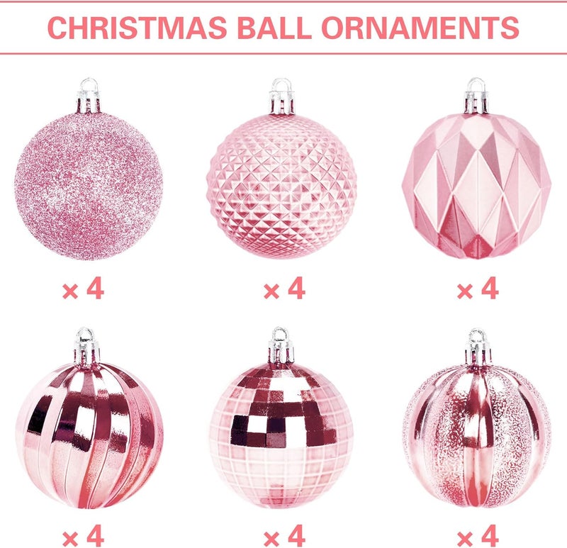 JULMELON 24PCS Large Christmas Balls Ornaments,60mm/2.4 in Shatterproof Plastic Decorative Xmas Tree Ornaments, Assorted Christmas Ball Ornaments for Wedding Mothers Day Party Decorations (Pink) - Image 2