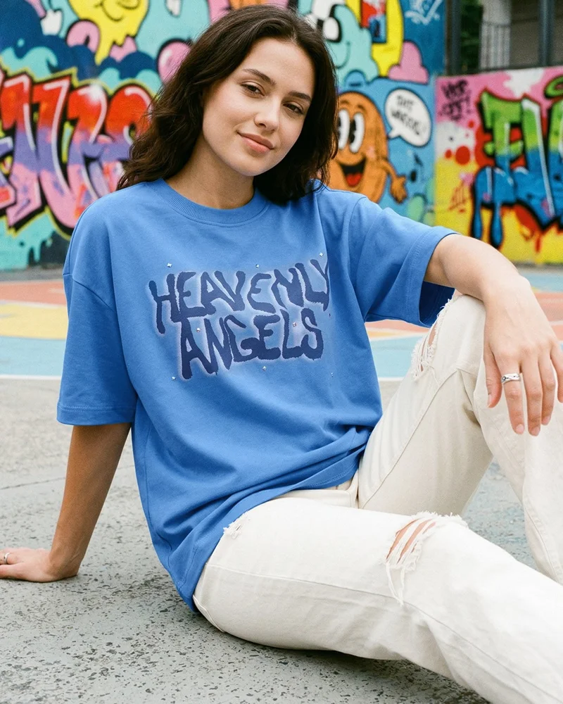 بيواكوف Women's Azure Blue Heavenly Angels Typography Oversized T-shirt