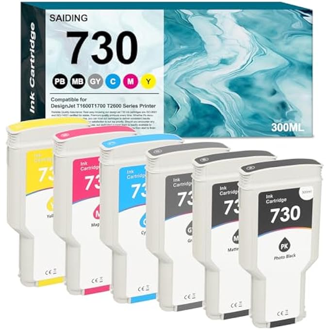 730 INK CARTRIDGES 300ML P2V68A P2V69A P2V70A P2V71A P2V72A P2V73A HIGH-CAPACITY COMPATIBLE FOR HP DESIGNJET T1600 T1700 T2600 PRINTER INK(6-PACK,MATTE BLACK/PHOTO BLACK/CYAN/YELLOW/MAGENTA/GRAY)