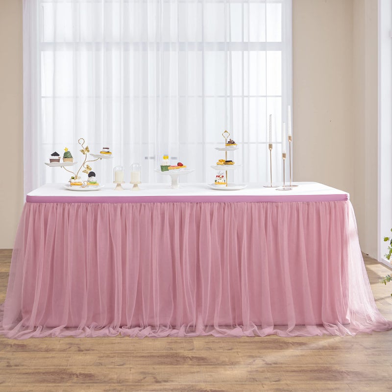 108in Dusty Rose Tulle Table Skirt for Rectangle Tables 64ft 2Layer Gold Grim Blush Pink Ruffle Tulle Tutu Cloth Table Skirt 9ft for Wedding Birthday Party Baby Shower DessertNo Table Cover