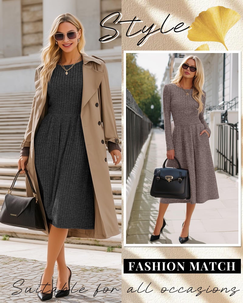 Riyiper 2 Pack Women's Long Sleeve Sweater Dress Ribbed Pleated Casual Round Neck Knee Length Dress with Pocket(Dark Gray, Light Coffee,M) - Image 3