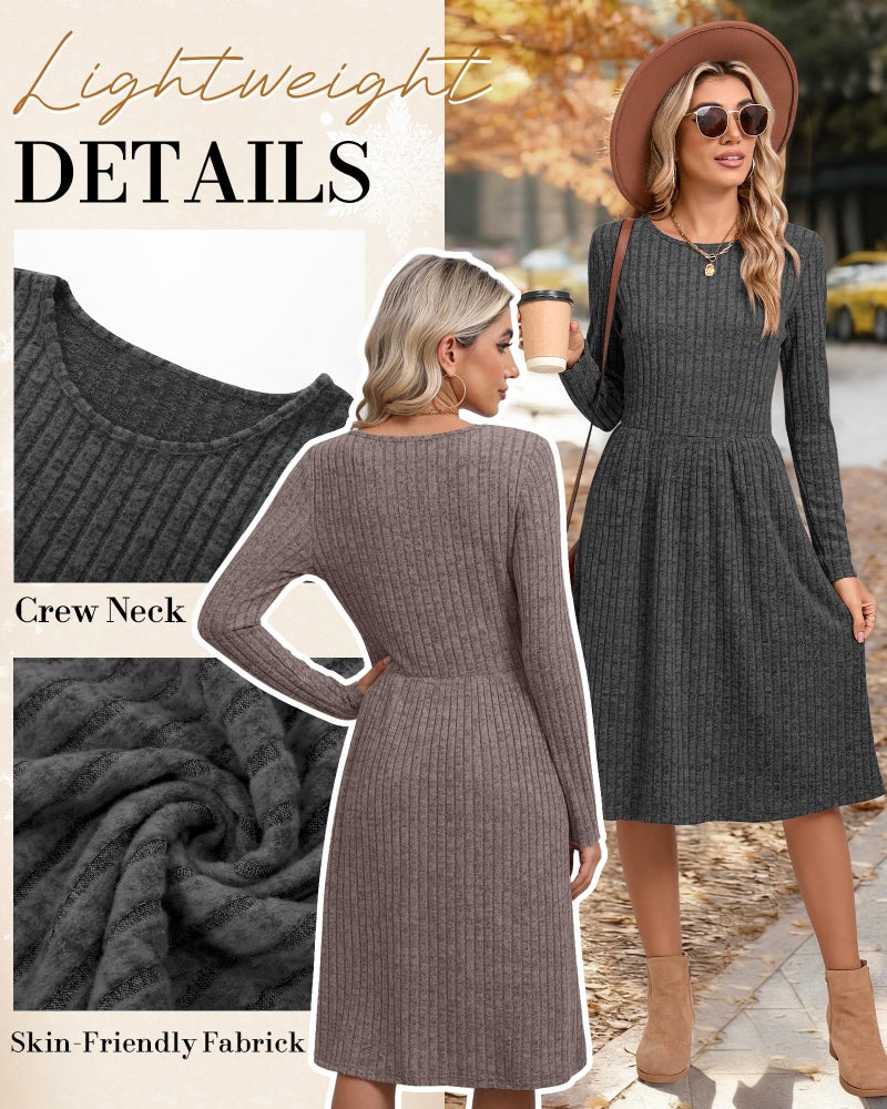 Riyiper 2 Pack Women's Long Sleeve Sweater Dress Ribbed Pleated Casual Round Neck Knee Length Dress with Pocket(Dark Gray, Light Coffee,M) - Image 5