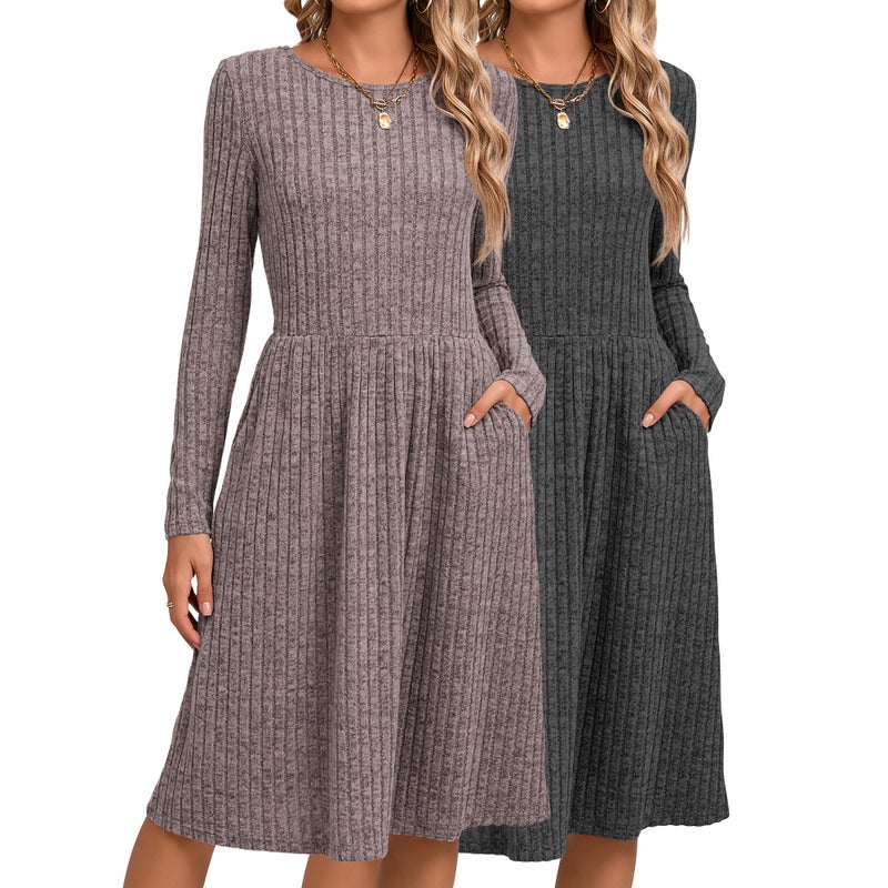 Riyiper 2 Pack Women's Long Sleeve Sweater Dress Ribbed Pleated Casual Round Neck Knee Length Dress with Pocket(Dark Gray, Light Coffee,M) - Image 1