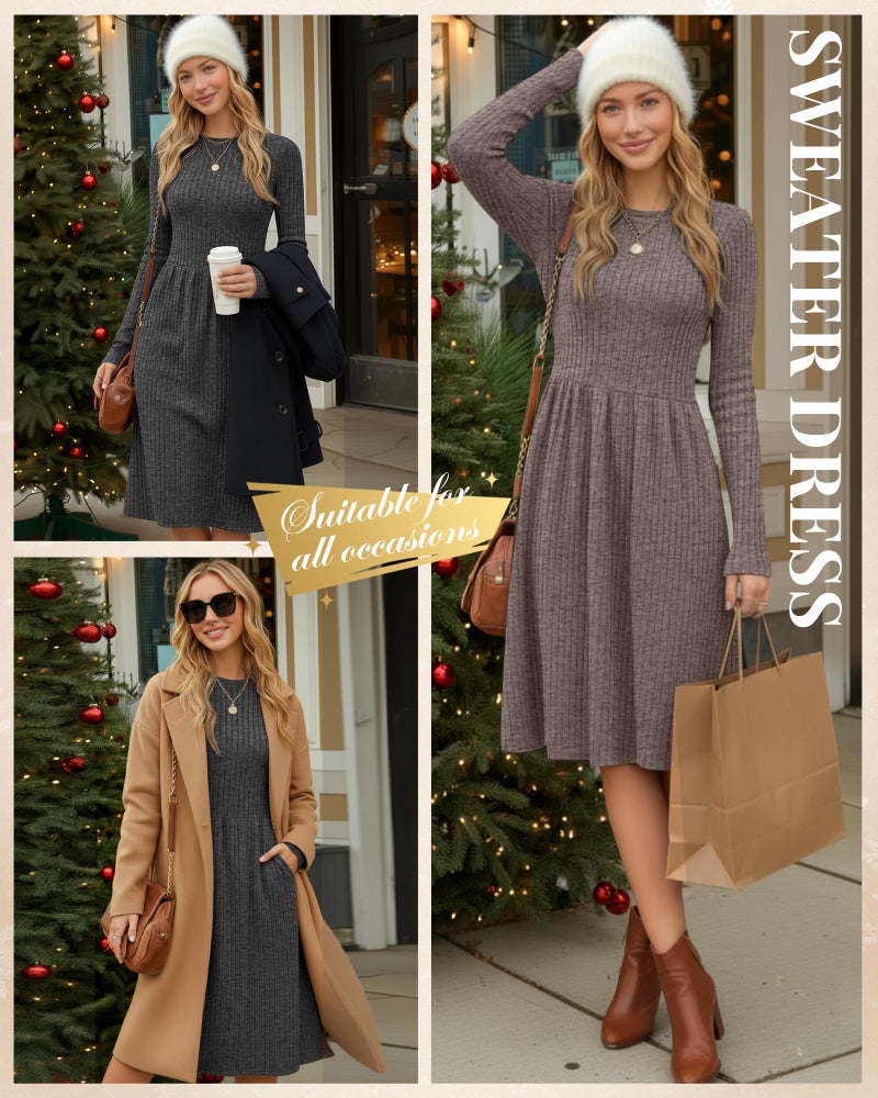 Riyiper 2 Pack Women's Long Sleeve Sweater Dress Ribbed Pleated Casual Round Neck Knee Length Dress with Pocket(Dark Gray, Light Coffee,M) - Image 4