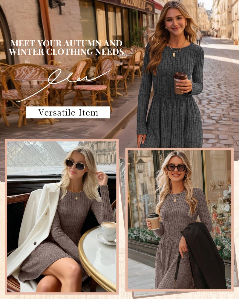 Riyiper 2 Pack Women's Long Sleeve Sweater Dress Ribbed Pleated Casual Round Neck Knee Length Dress with Pocket(Dark Gray, Light Coffee,M) - Image 2