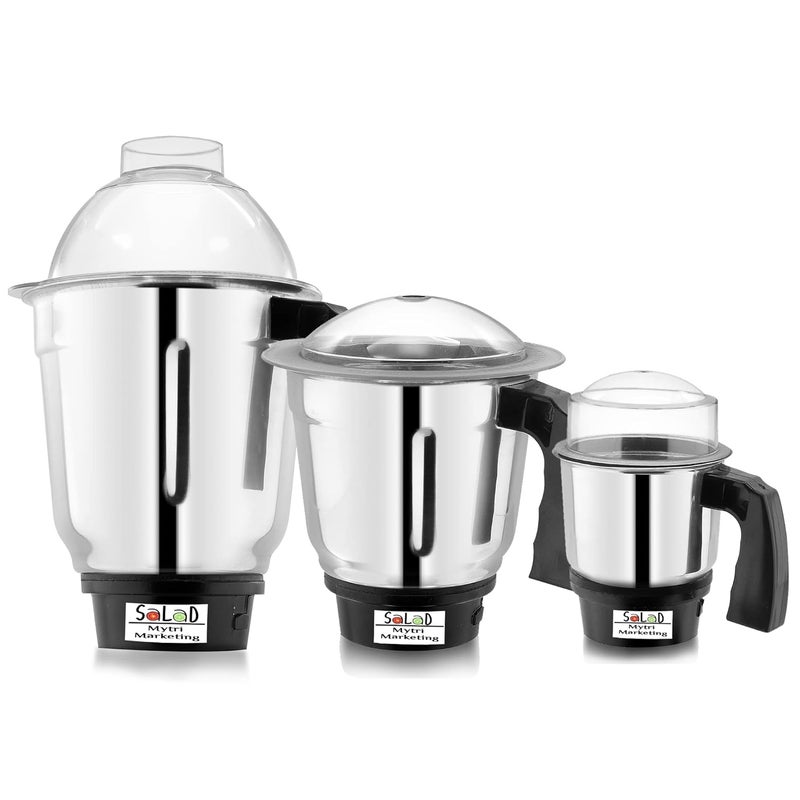 Salad Dry Liquid and Chutney for Mixer Grinder Set of 3 Stainless Steel Mixer Jars with Handle with Lid 1000 ml 700 ml 350 ml MA07 - Image 1