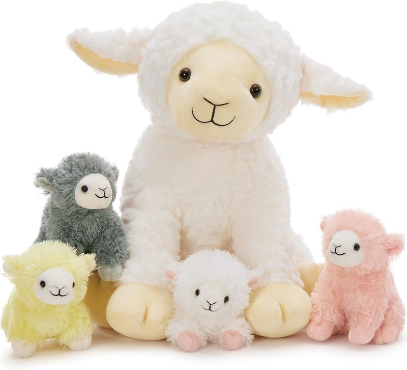 MorisMos Beige Sheep Cuddly Toy XXL with 4 Lambs Inside, 35cm Large Sheep Plush Toy Stuffed Animal Cuddly Toys, Sheep Teddy Birthday Christmas Gift for Children Baby Girls - Image 1