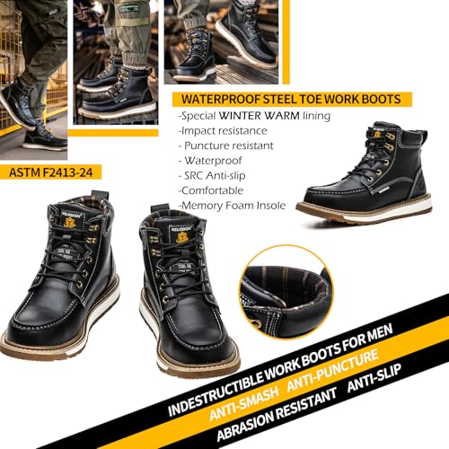 KELODON Waterproof Steel Toe Boots For Men-6" Leather Moc Toe Winter Warm Work Boots Mens Steel Toe Shoes Indestructible Non Slip Resistant Construction Safety Boot,Black,size 11 Men - Image 3