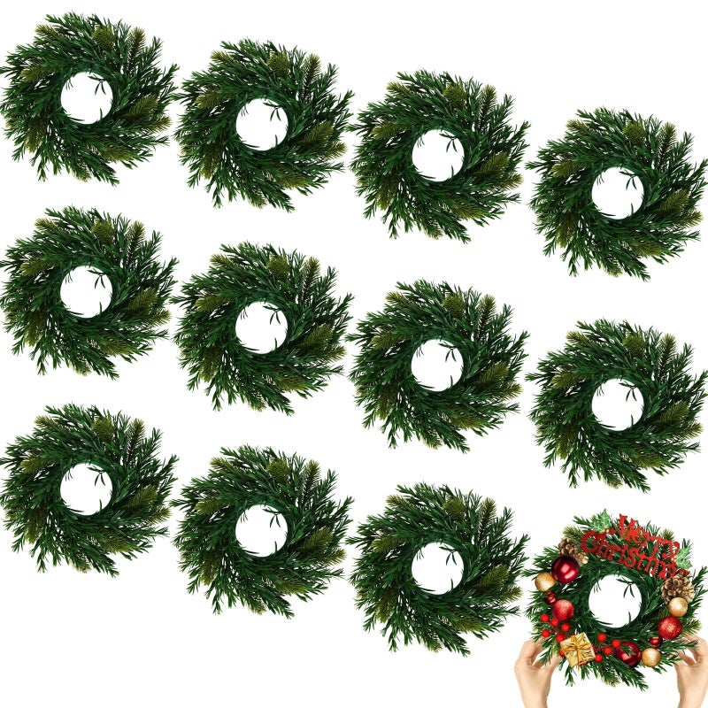 Gosodeny 12 Pcs Christmas DIY Green Wreath 10 Inch Artificial DIY Faux Plain Wreaths Front Door Green Farmhouse Cabinets Indoor Outdoor Wall DecorWillow Pine - Image 2