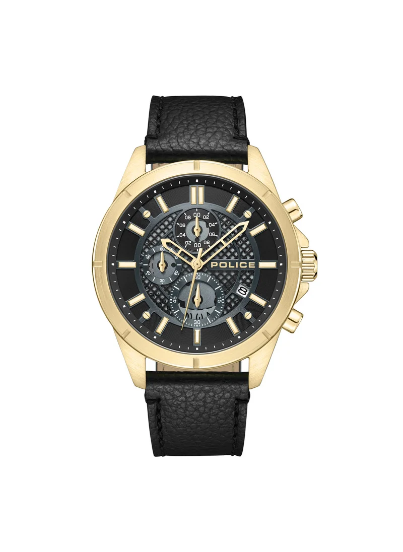 POLICE Burbank Matt Black Dial Black Leather Strap Gents Chronograph Watch With Stainless Steel Case