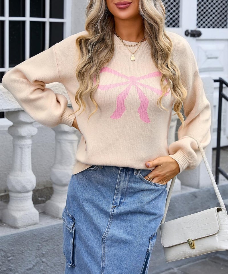 Sumleno Womens Fall Winter Casual Sweater Cute Bow Crewneck Long Sleeve Baggy Knit Sweatshirt Top Trendy Aesthetic Clothes (Beige,M) - Image 4