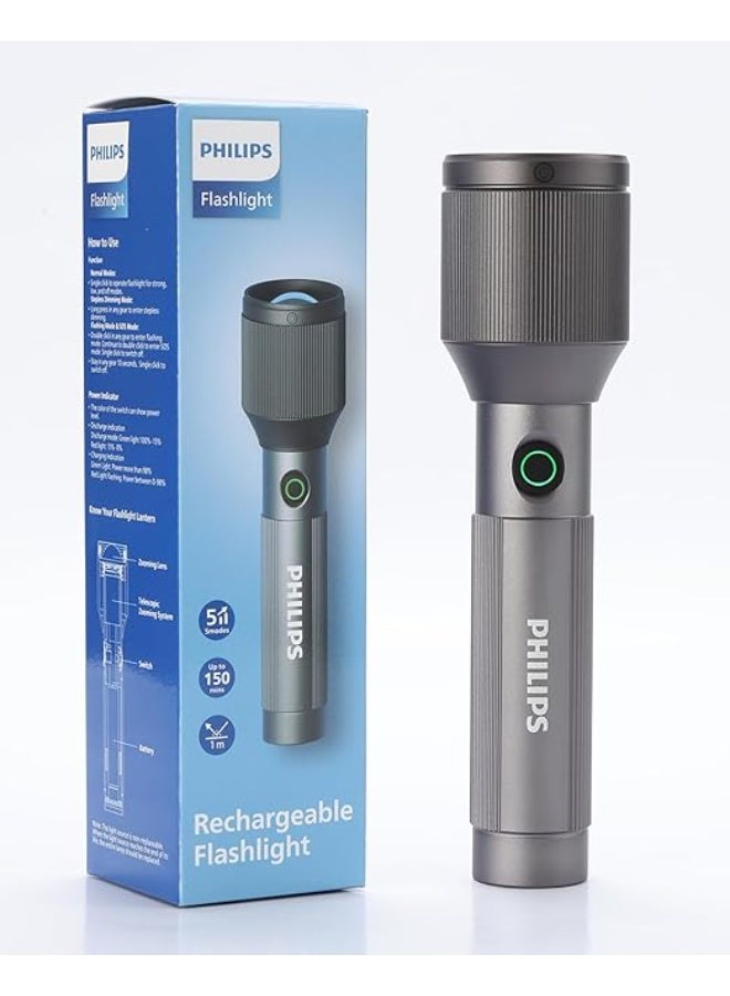 Philips 24 W Rechargeable LED Torch Light | 1000 Lumens Brightness | 900 m Beam Range | Zoomable Focus | Stepless Dimming | 2000 mAh Battery | 5 Modes (High, Low, Dimming, Strobe, SOS) | Water- & Drop-Resistant Aluminium Flashlight for Home, Camping & Emergency Use grey - Image 2